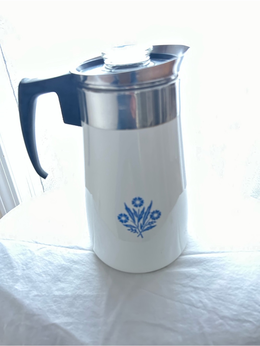Corningware White Pitcher with Blue Floral Design and Black Handle